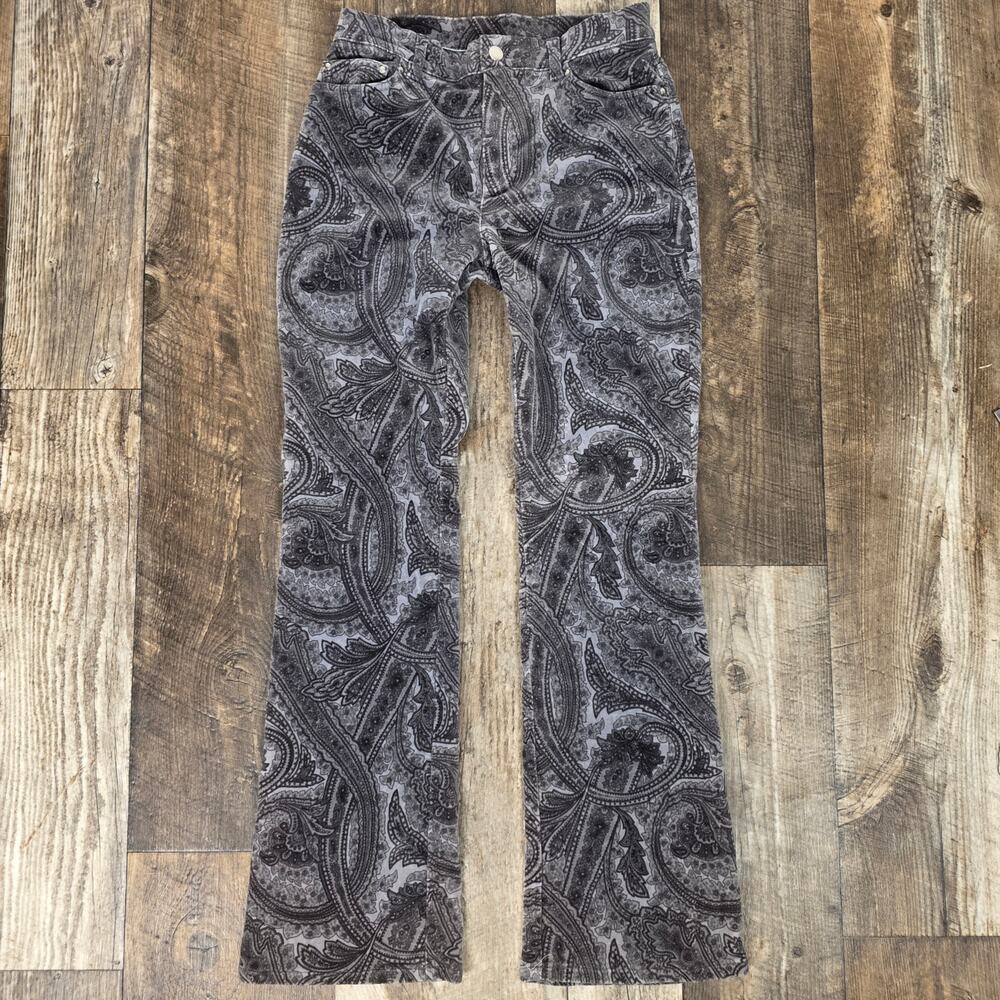 Jones New York Paisley Velvet Flare Pants Gray Stretch Y2K Boho Size 4